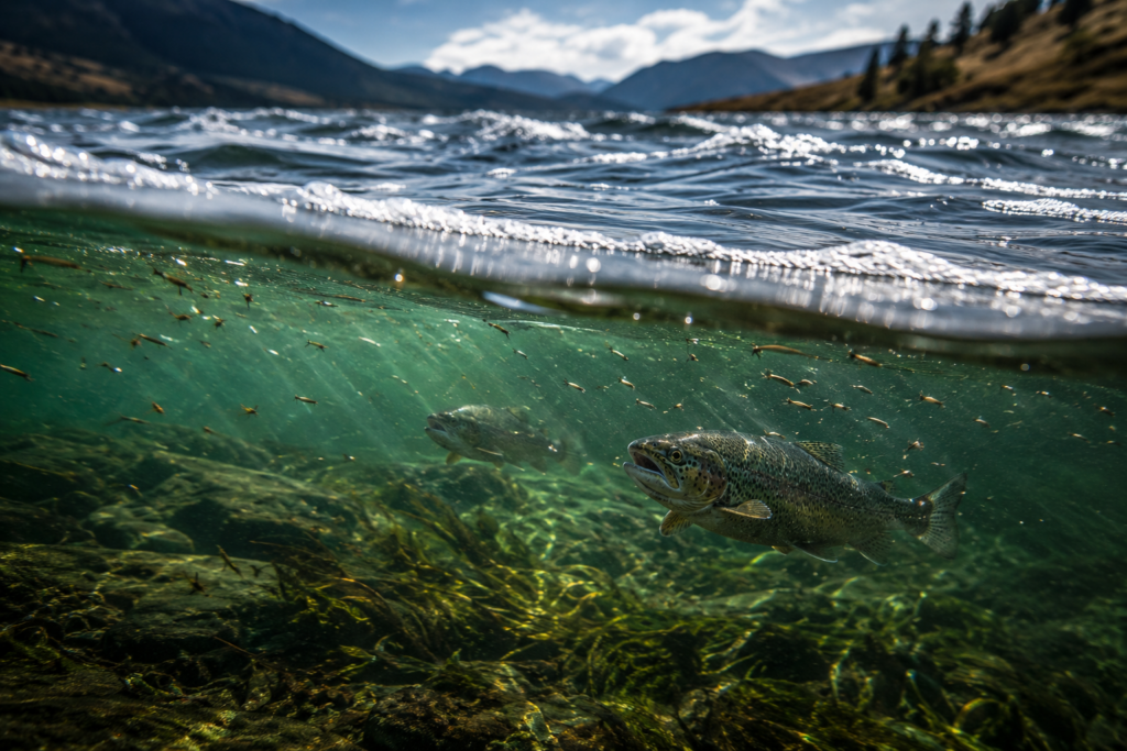Unterwasser Split-View am Forellensee – Insekten, Larven und Nymphen werden von der Windströmung verdriftet, Forellen stehen hinter der Driftlinie und fressen