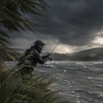 Ultraleichtangler am Forellensee bei stürmischem Wetter – Split-Komposition zeigt Wurf mit dem Wind links und gegen den Wind rechts, Mundschutz, raue Wellen