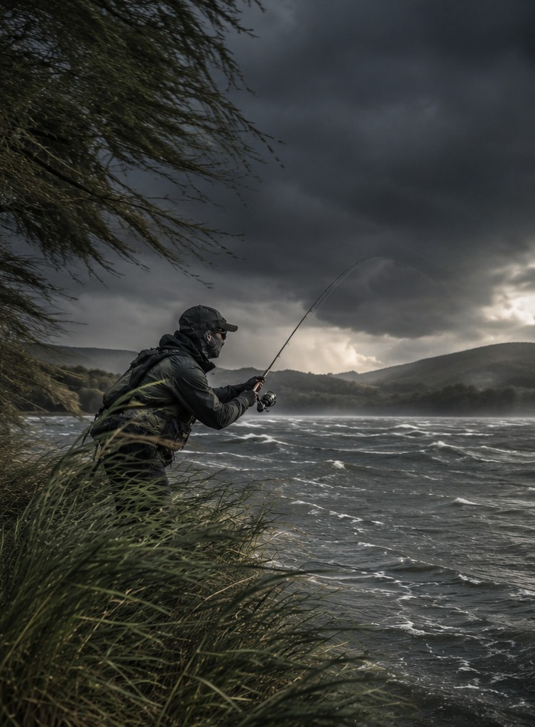 Ultraleichtangler am Forellensee bei stürmischem Wetter – Split-Komposition zeigt Wurf mit dem Wind links und gegen den Wind rechts, Mundschutz, raue Wellen